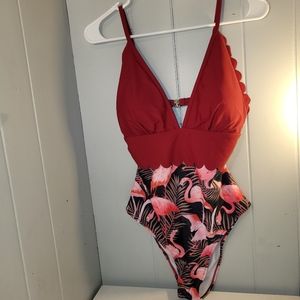 RED FLAMINGO ONE PIECE SWIMSUIT SIZE LARGE NWOT BRAND UNKOWN